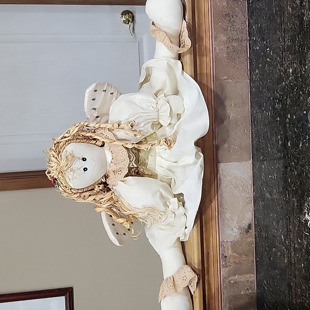 1996 Vintage Holiday Angel Doll Shelf Sitter Curly Golden Straw Hair Dress